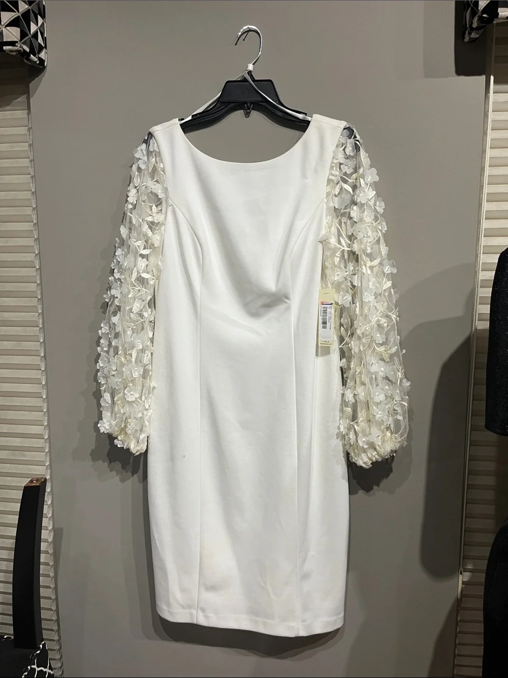Eliza J Ivory Sheath Dress with 3D Floral Long Sleeves